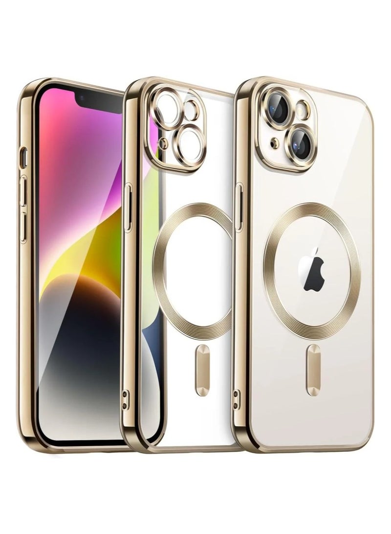 Clear Magnetic Case for iPhone 14 with MagSafe [Built-in Camera Glass] [Original Exterior] Slim and Thin Silicone [Non-Yellowing] Anti-Fingerprint, Anti-Scratch, Wireless Charging - Gold 