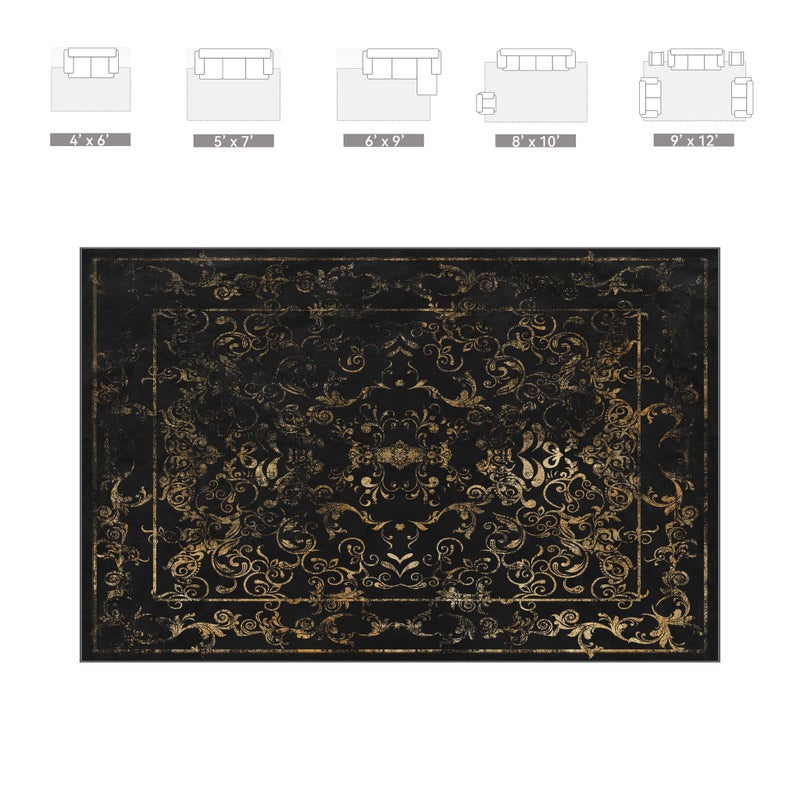 Nayoroom Dark Baroque Gold & Black Area Rug 8x10 - Intricate Filigree Carpet with Symmetrical Scrolls & Ornate Borders, Luxurious Machine Washable Non-Slip Rug for Living Room, Bedroom. - Image 5