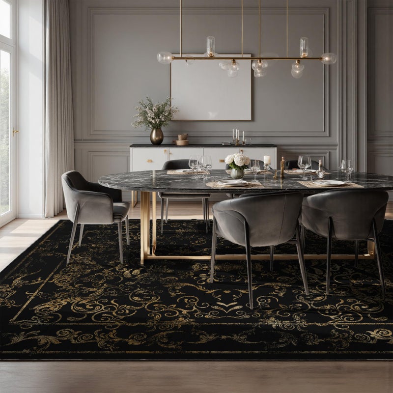 Nayoroom Dark Baroque Gold & Black Area Rug 8x10 - Intricate Filigree Carpet with Symmetrical Scrolls & Ornate Borders, Luxurious Machine Washable Non-Slip Rug for Living Room, Bedroom. - Image 2
