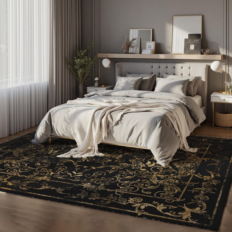 Nayoroom Dark Baroque Gold & Black Area Rug 8x10 - Intricate Filigree Carpet with Symmetrical Scrolls & Ornate Borders, Luxurious Machine Washable Non-Slip Rug for Living Room, Bedroom. - Image 3