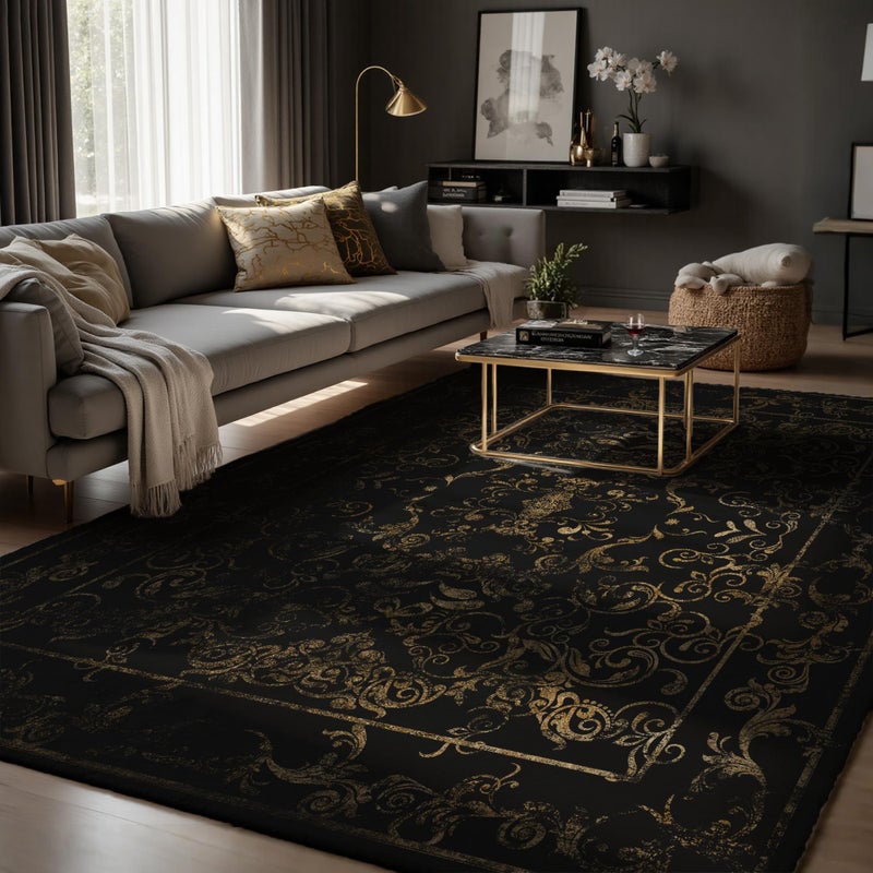 Nayoroom Dark Baroque Gold & Black Area Rug 8x10 - Intricate Filigree Carpet with Symmetrical Scrolls & Ornate Borders, Luxurious Machine Washable Non-Slip Rug for Living Room, Bedroom. - Image 1