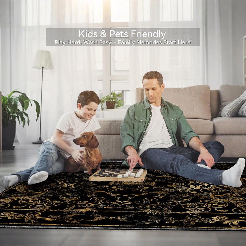 Nayoroom Dark Baroque Gold & Black Area Rug 8x10 - Intricate Filigree Carpet with Symmetrical Scrolls & Ornate Borders, Luxurious Machine Washable Non-Slip Rug for Living Room, Bedroom. - Image 4