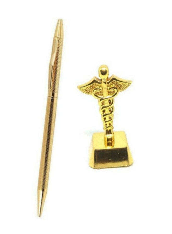 SMART WORLD Superior Gold slim ball pen with Cadaceus designed paper weight stand for gifting to Doctors,Medical students,Clinics,Hospital events specially on birthdays. - Image 1