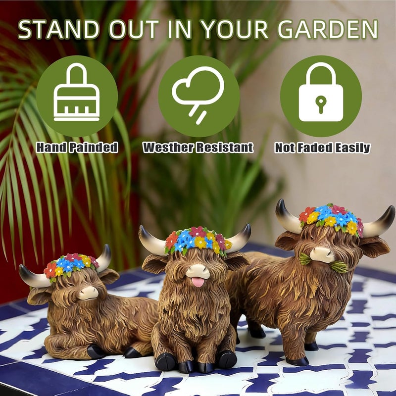 LEGIFO Highland Cow Figurine Set of 3, Funny Art Sculpture for Garden Backyard Patio Lawn Decorations, Outdoor Decor Statue Gift for Women Mom Grandma, Christmas Birthday - Image 2