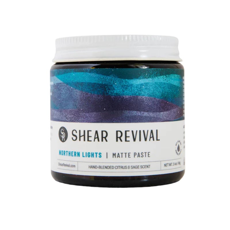 Shear Revival Northern Lights  Matte Hair Styling Paste for Men Strong Hold Molding Sculpting Pomade Wax Promotes Hair Elasticity Slick Back with Kaolin Clay Calendula Extract Clary Sage Oil 34oz