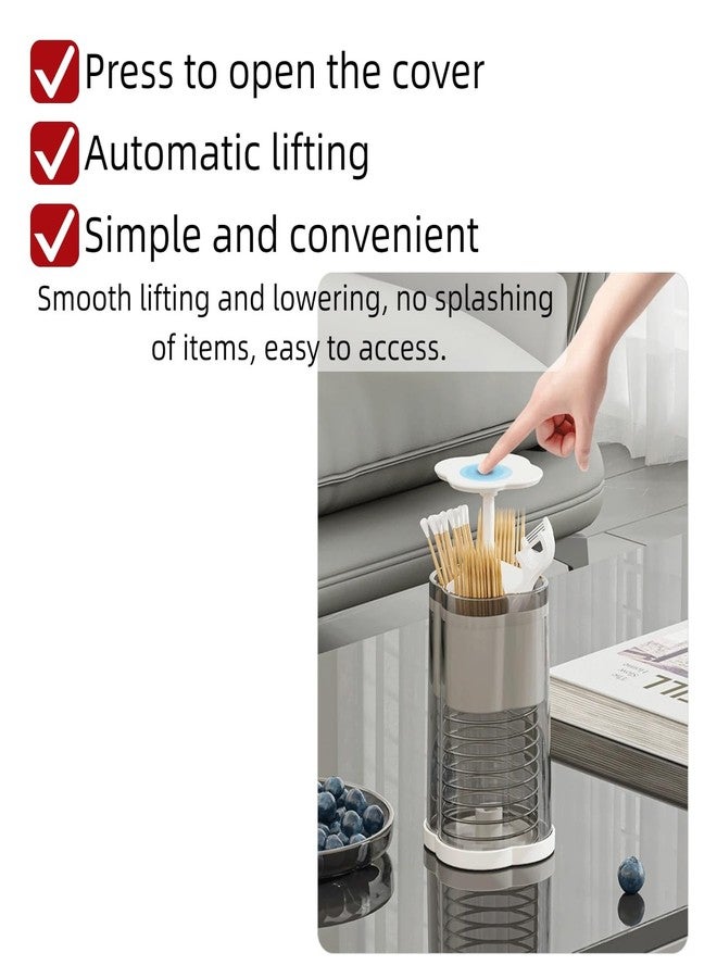 BLBM Press-to-Open Cotton Swab & Toothpick Holder - 4-Compartment Clear Gray Plastic Storage Dispenser, 4.1" H×2.55" D, Spring-Loaded Automatic Pop-Up Lid for Bathroom, Vanity, Countertop - Image 2