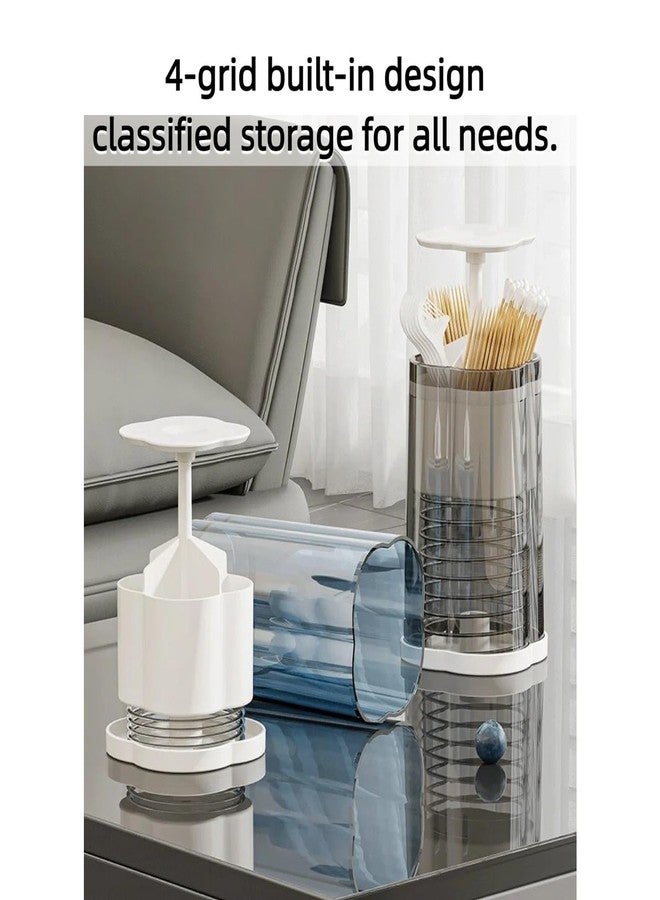 BLBM Press-to-Open Cotton Swab & Toothpick Holder - 4-Compartment Clear Gray Plastic Storage Dispenser, 4.1" H×2.55" D, Spring-Loaded Automatic Pop-Up Lid for Bathroom, Vanity, Countertop - Image 3