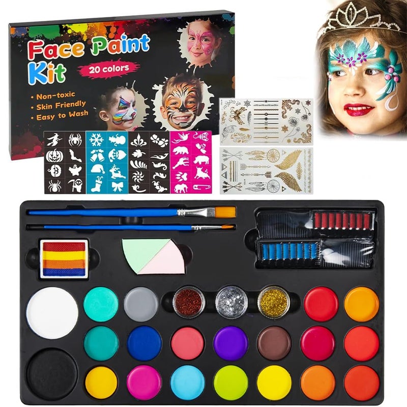 Pivdo Pivdo Kids Face and Body Painting Kit  Non Toxic 20 Color Oil Palette 3 Glitters 2 Hair Chalk Combs 2 Paint Brushes 32 Stencils Tattoo Sheets  Ideal for Party Halloween Makeup Facepaint - Image 1