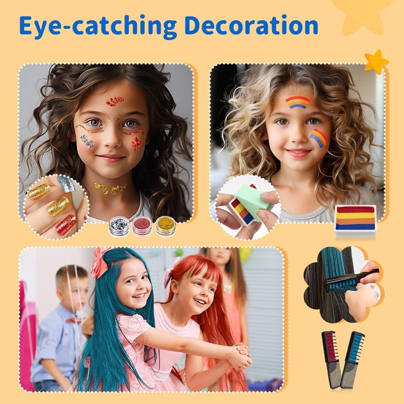 Pivdo Pivdo Kids Face and Body Painting Kit  Non Toxic 20 Color Oil Palette 3 Glitters 2 Hair Chalk Combs 2 Paint Brushes 32 Stencils Tattoo Sheets  Ideal for Party Halloween Makeup Facepaint - Image 5
