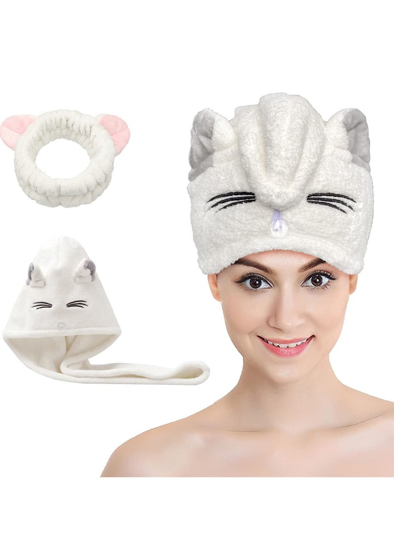 Hair Drying Towel, Microfiber Hair Towel Wrap with Cat Ears, Women's Quick Dry Hair Cap for Women and Kids Girls, Super Fast Absorbent Quick Dry Bath Shower Dry Head Bandana with Buttons - Image 1
