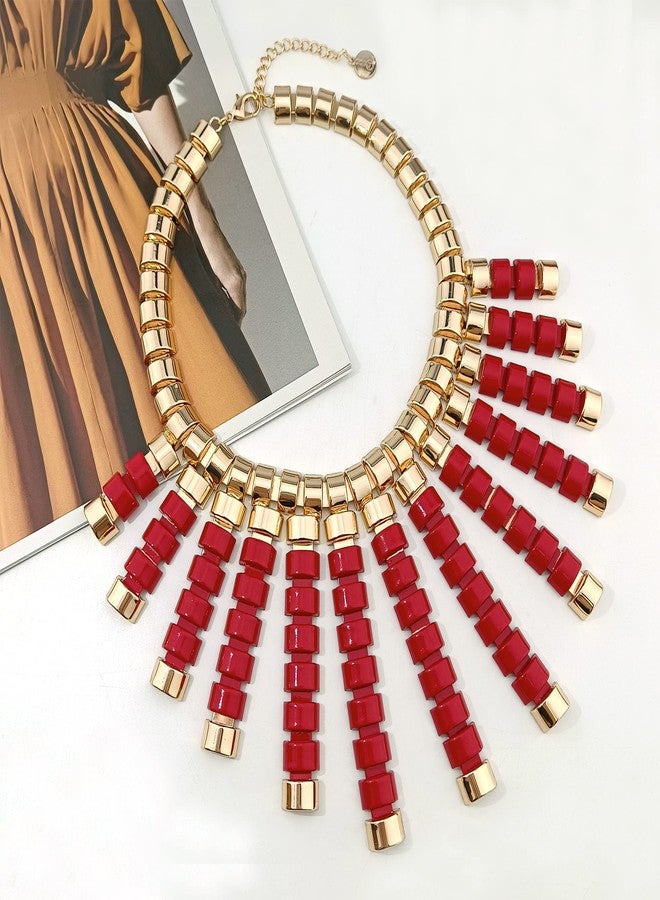 Coiris Layered Cluster Bib Statement Necklace Chunky Collar Choker Metal Necklace Fashion Statement Collar Necklace Vintage Exaggerated Chunky Chain(N0096-Red) - Image 3