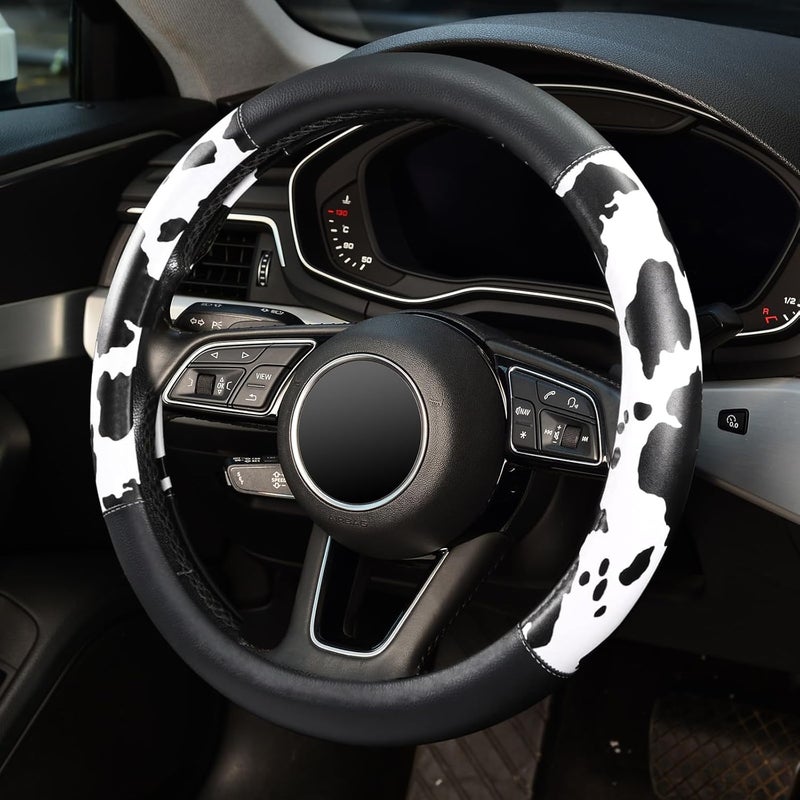 ZHOL Cow Print Car Steering Wheel Cover, Breathable Microfiber Leather for Women and Men, Universal 15 inch Anti-Slip Steering Wheel Protector, Black - Image 3