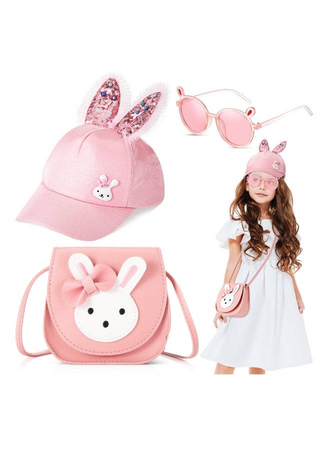 Cute Rabbit Handbag Set for Girls, 3 Pcs Adjustable Strap Shoulder Bags, Leather Crossbody Bag with Bunny Hats and Cartoon Sunglasses, Perfect Gift for Toddlers in Pink  - Image 1