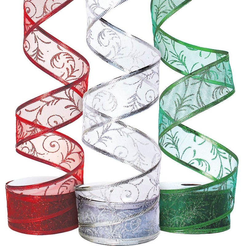 Christmas Ribbon for Gift Wrapping Ribbons Wired 15 Inch Set of Ribbon Wire Red Green Silver Sheer Organza Glitter Gift Wrap Xmas Tree Decoration Holiday Craft red Green Silver 15 Inch Wide