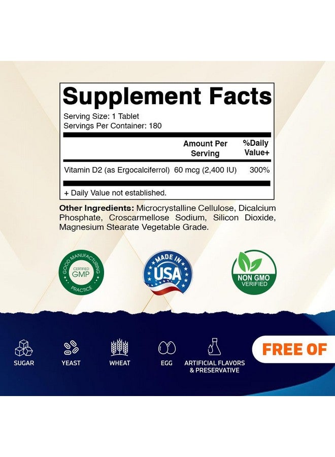 Vitamatic Vitamin D2 60 mcg (2400 IU) - Ergocalciferol - 180 Vegetarian Tablets (180 Tablets (Pack of 1)) (1 Bottle) - Image 2