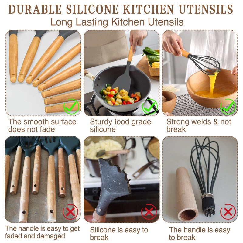 33-Piece Non-Stick Silicone Cooking Utensil Set with Wooden Handles and Holder, Khaki - Image 4