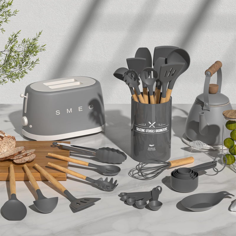 33-Piece Non-Stick Silicone Cooking Utensil Set with Wooden Handles and Holder, Khaki - Image 2