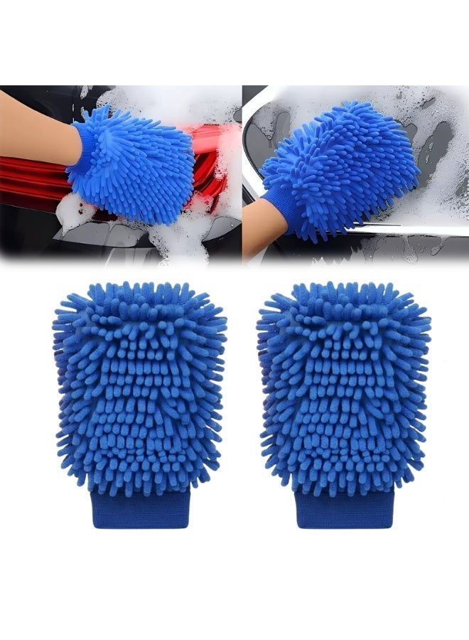 Chenille Car Wash Gloves 2 Pack – Double Sided Microfiber Washing Mitt, Lint-Free Scratch-Free Foam Mitt for Auto Cleaning, Dusting & Drying (Blue) - Image 2