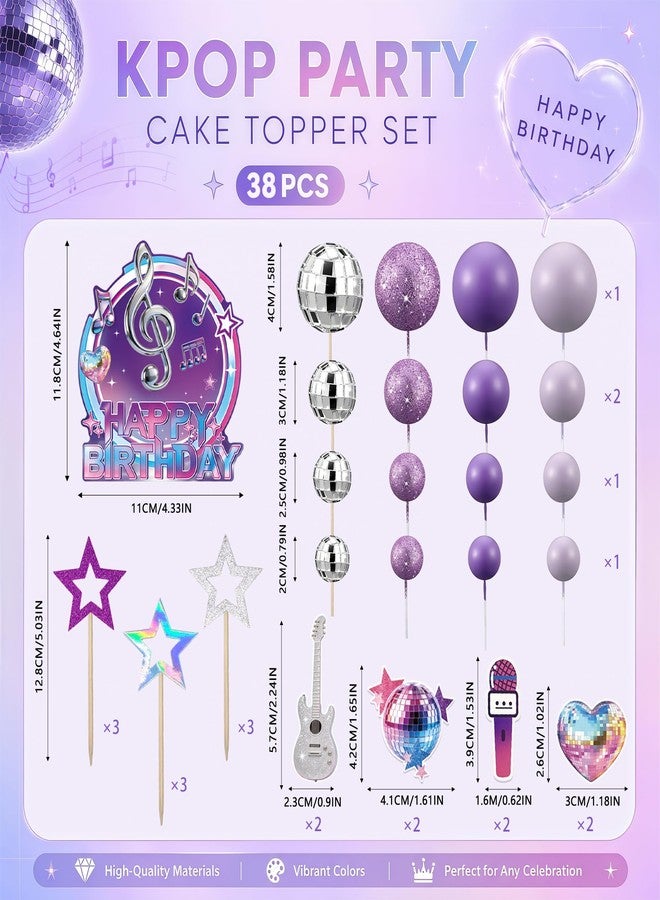 Caoekego 38Pcs Purple Music Cake Toppers Disco & Purple Ball Paper Guitar Microphone Star Cake decorations for Kpop Music Themed Birthday Party Supplies - Image 4