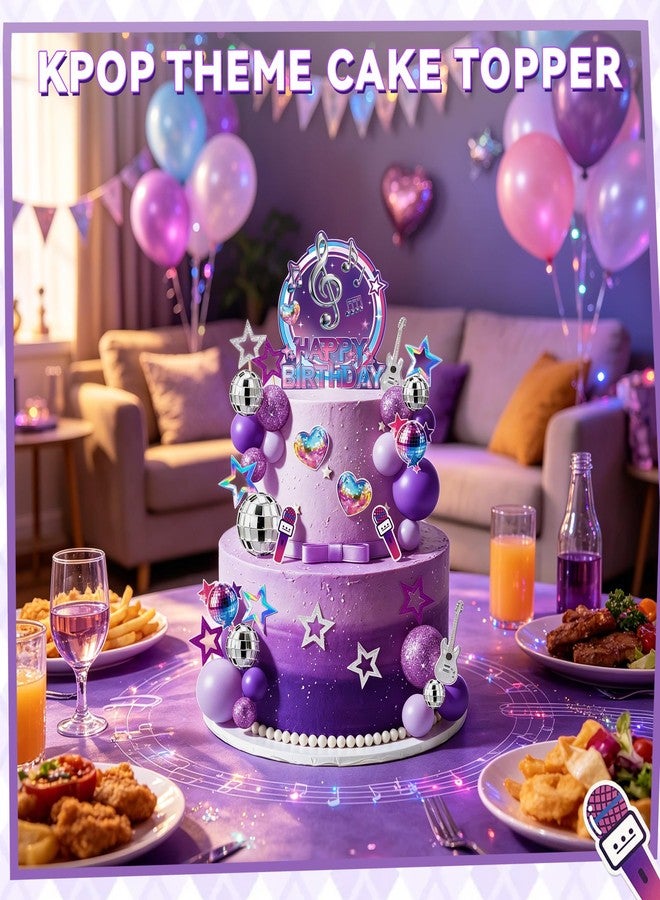 Caoekego 38Pcs Purple Music Cake Toppers Disco & Purple Ball Paper Guitar Microphone Star Cake decorations for Kpop Music Themed Birthday Party Supplies - Image 2