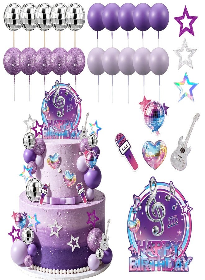 Caoekego 38Pcs Purple Music Cake Toppers Disco & Purple Ball Paper Guitar Microphone Star Cake decorations for Kpop Music Themed Birthday Party Supplies - Image 1