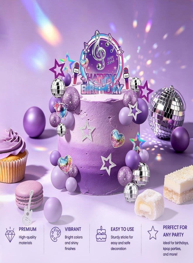 Caoekego 38Pcs Purple Music Cake Toppers Disco & Purple Ball Paper Guitar Microphone Star Cake decorations for Kpop Music Themed Birthday Party Supplies - Image 5