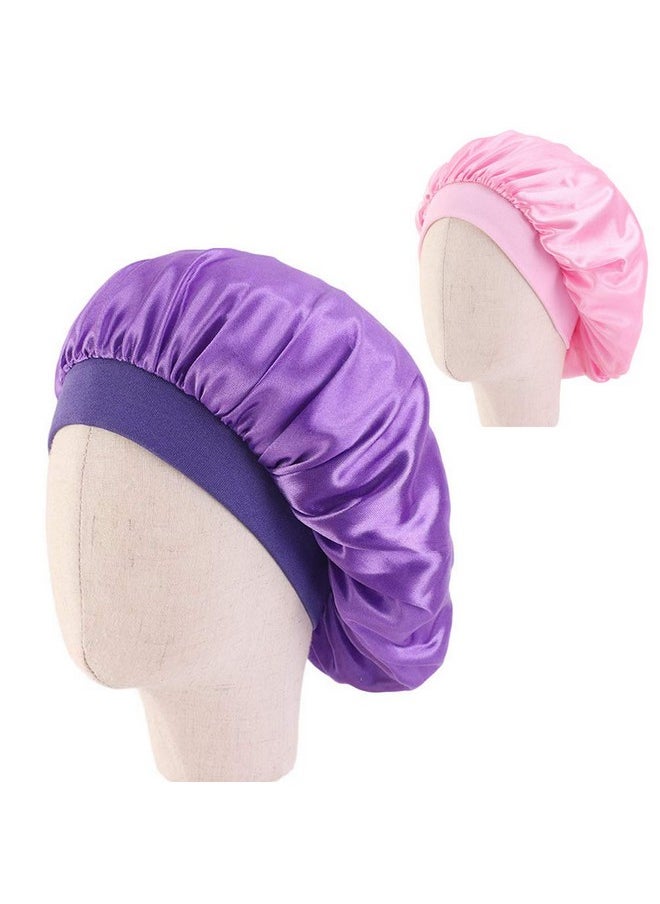 Teensery 2 Pcs Kids Satin Sleeping Caps Head Cover Bonnet With Elastic Band Hair Care Cap Night Hat For Baby Toddler Teens (Purple And Pink)  - Image 2