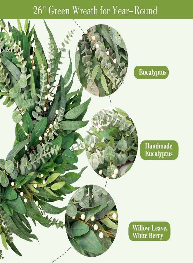 soosubel 26 Inch Eucalyptus Wreaths for Front Door Year Round, Large Green Artificial Farmhouse Wreath for Home Decorations Outdoo Indoor Wall Window Porch - Image 5
