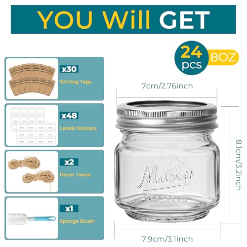 CycleMore Mason Jars 8 oz, 24 Pack Embossed Design Glass Canning Jars with Silver Metal Lids, Half Pint Glass Jars Ideal for Gifts, Jam, Honey, Wedding Favors, Shower Favors - Image 2
