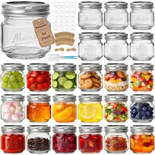 CycleMore Mason Jars 8 oz, 24 Pack Embossed Design Glass Canning Jars with Silver Metal Lids, Half Pint Glass Jars Ideal for Gifts, Jam, Honey, Wedding Favors, Shower Favors - Image 1