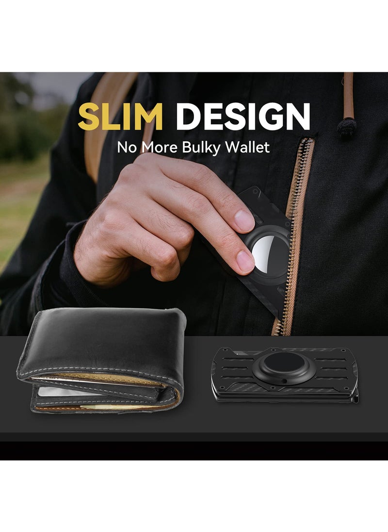 Wallet Men for AirTag, Slim Minimalist Metal Wallet with AirTag Holder, Carbon Fiber RFID Blocking Credit Card Holder for Air Tag Wallets with Money Clip, Black