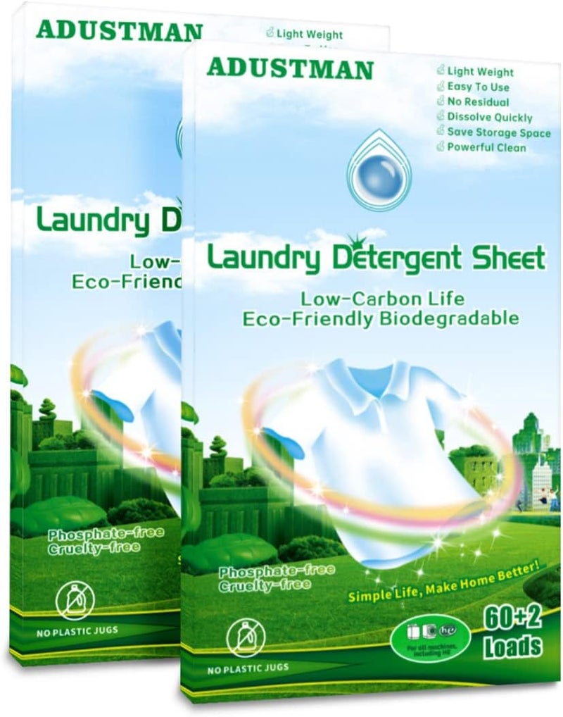 ADUSTMAN Laundry Detergent Sheets Liquidless Fresh Scent 124 Loads Low-Foaming High Efficiency Eco-friendly Plastic Free (Fresh, 124 Count (pack of 2)) - Image 1