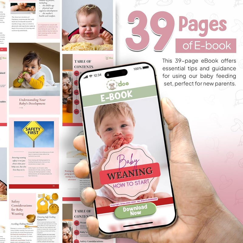 O'doe مجموعة تغذية الأطفال من أودو 11 قطعة خالية من BPA | أطباق شفط سميكة وناعمة، وعاء طعام للأطفال، وشوكة وملعقة خشبية، والمزيد | اجعل وقت الوجبة ممتعًا وسهلاً لطفلك | روز V1 - Image 5