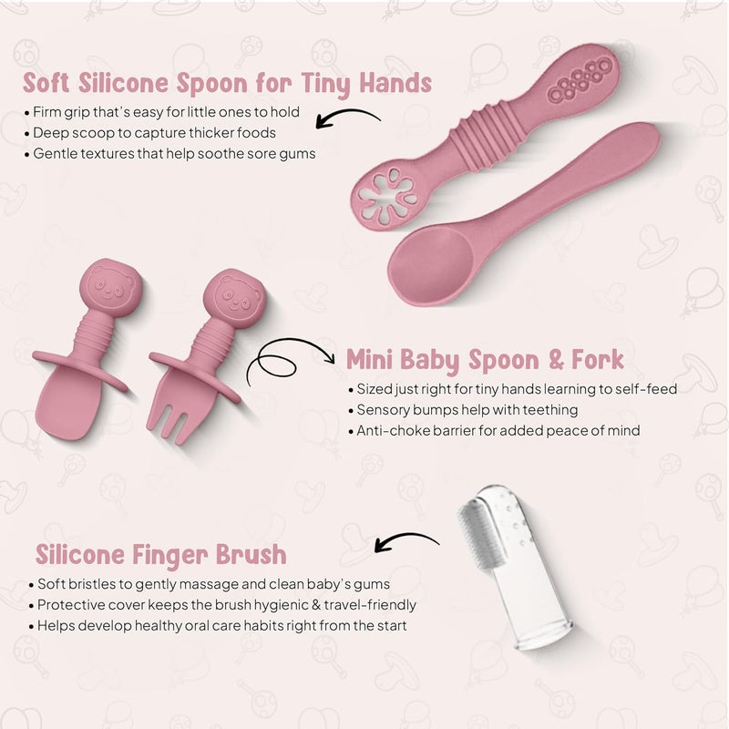 O'doe مجموعة تغذية الأطفال من أودو 11 قطعة خالية من BPA | أطباق شفط سميكة وناعمة، وعاء طعام للأطفال، وشوكة وملعقة خشبية، والمزيد | اجعل وقت الوجبة ممتعًا وسهلاً لطفلك | روز V1 - Image 4