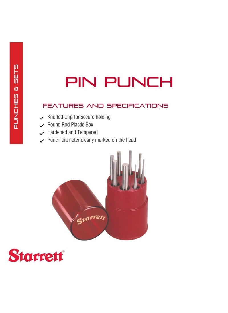 Starrett Starrett Drive Pin Punch Set with Knurled Grip in Round Red Plastic Box - 4" Length, 1/16", 3/32", 1/8", 5/32", 3/16", 7/32", 1/4", 5/16" Punch Diameter, Set of 8 - S565WB  - Image 2