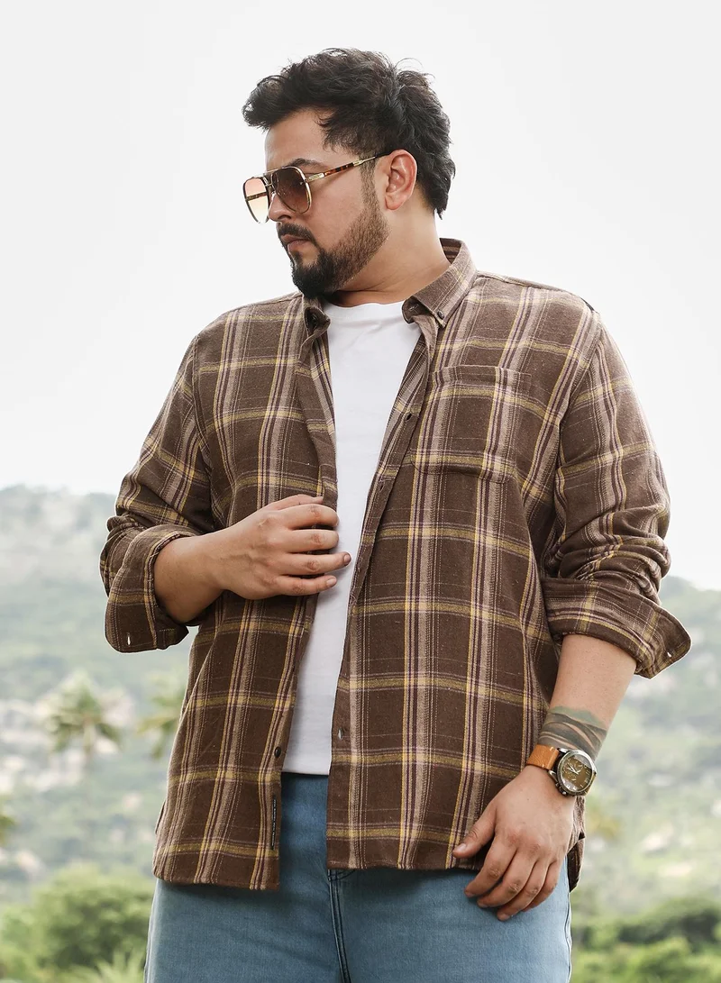 انستافاب بلس قميص رجالي كاروهات بأزرار وياقة كلاسيكية وأكمام طويلة بأزرار وطبعة مربعات منسوجة للاستخدام اليومي بلون بني موكا