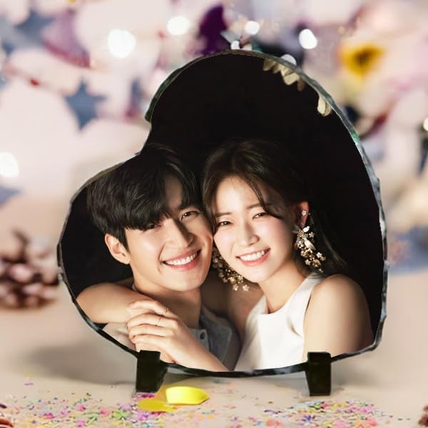 Gifts hub Gifts hub PersonalizedCustomized Stone HeartShaped Mirror Photo Frame Upload Your Photo for a Rock Frame Gift for Birthday Wedding and Special Occasions BlackTabletop - Image 4