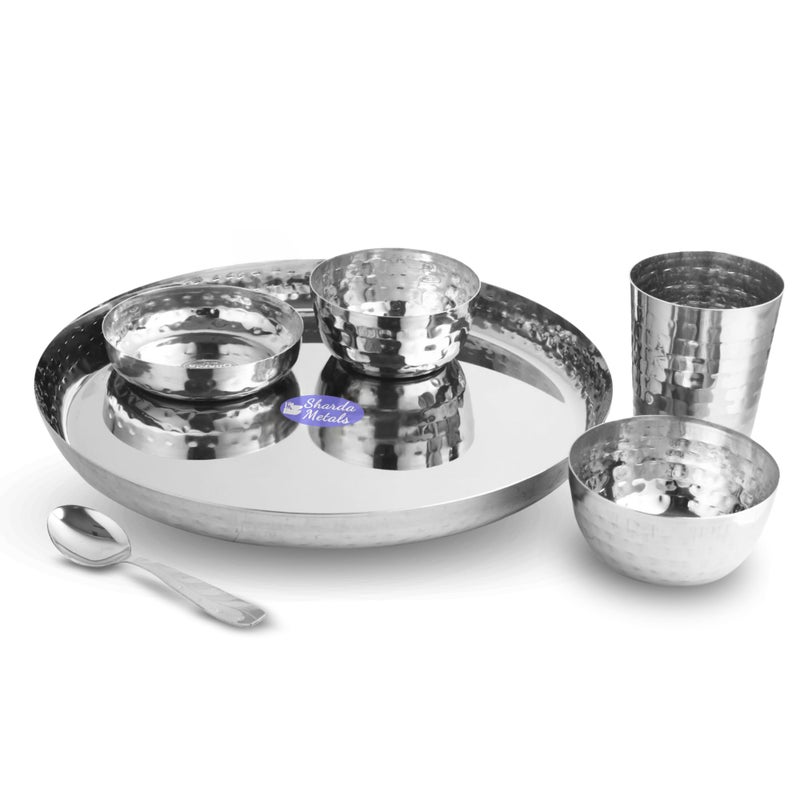 Sharda Metals Stainless Steel Dinner Set | 6-Piece Classic Thali Set | Includes Plate, Curry Bowls, Side Plate, Glass & Spoon | BPA-Free & Dishwasher Safe | Durable Tableware for 1 Person - Image 1