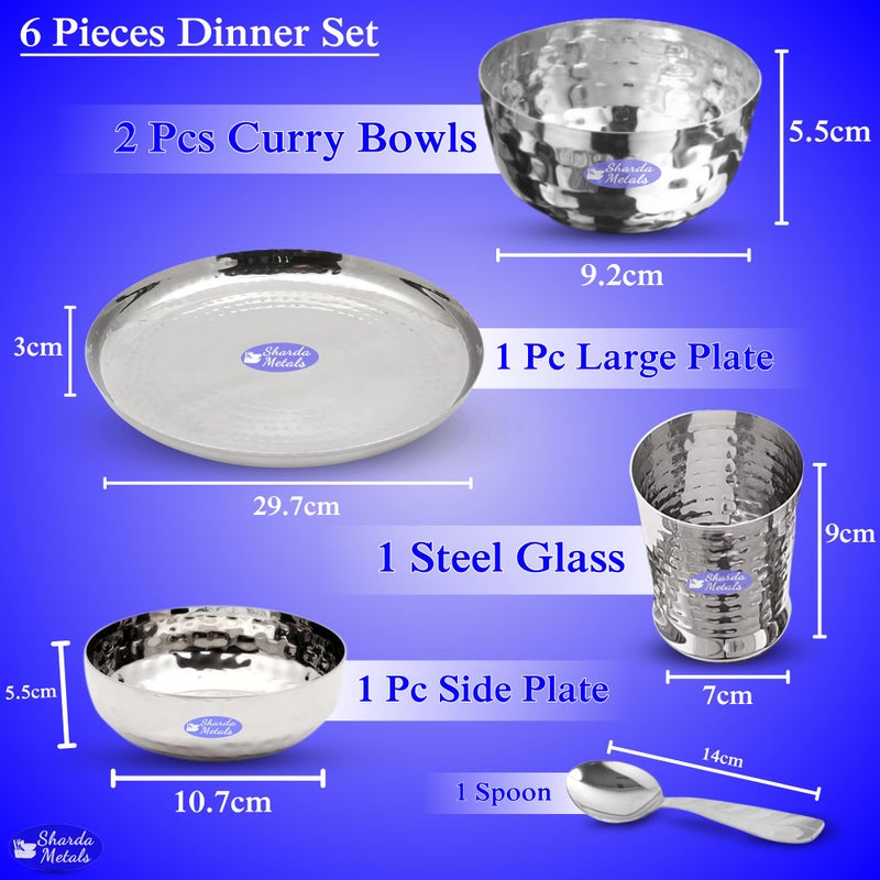 Sharda Metals Stainless Steel Dinner Set | 6-Piece Classic Thali Set | Includes Plate, Curry Bowls, Side Plate, Glass & Spoon | BPA-Free & Dishwasher Safe | Durable Tableware for 1 Person - Image 2