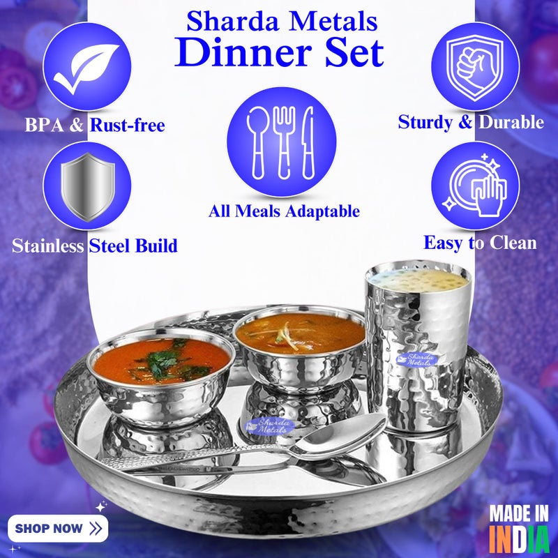 Sharda Metals Stainless Steel Dinner Set | 6-Piece Classic Thali Set | Includes Plate, Curry Bowls, Side Plate, Glass & Spoon | BPA-Free & Dishwasher Safe | Durable Tableware for 1 Person - Image 3
