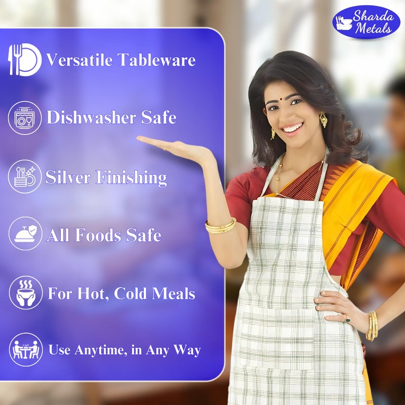 Sharda Metals Stainless Steel Dinner Set | 6-Piece Classic Thali Set | Includes Plate, Curry Bowls, Side Plate, Glass & Spoon | BPA-Free & Dishwasher Safe | Durable Tableware for 1 Person - Image 4