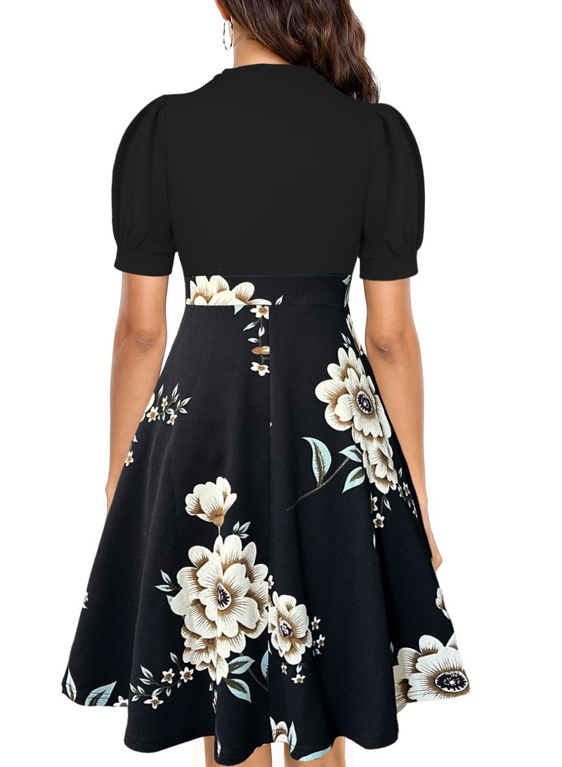 Mokayee Flattering Dresses to Hide Tummy Womens Casual Summer Black Floral Short Puff Sleeve Semi-Formal Knee Length Modest Flower Empire Waist Teacher Business Work Dresses with Pockets XL - Image 2