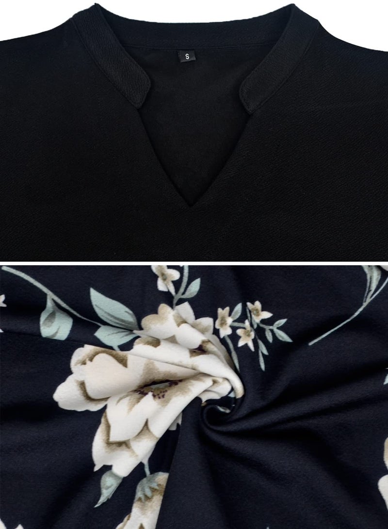 Mokayee Flattering Dresses to Hide Tummy Womens Casual Summer Black Floral Short Puff Sleeve Semi-Formal Knee Length Modest Flower Empire Waist Teacher Business Work Dresses with Pockets XL - Image 3