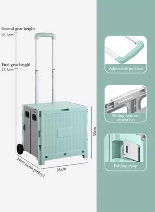 DUNISO Folding shopping cart, portable small cart with lid and two pulleys, adjustable height, suitable for mobile, grocery shopping, luggage, green - Image 2