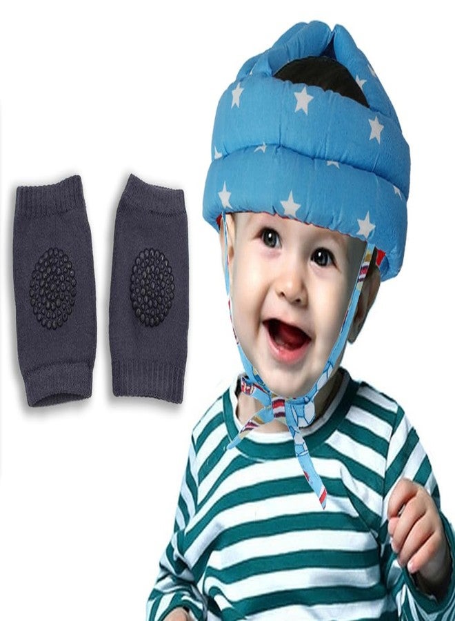 Synlark® Baby Head Protector for Safety of Kids 6M to 3 Years- Star Print Baby Safety Helmet + Baby Kneepads for Crawling (Blue) - Image 1