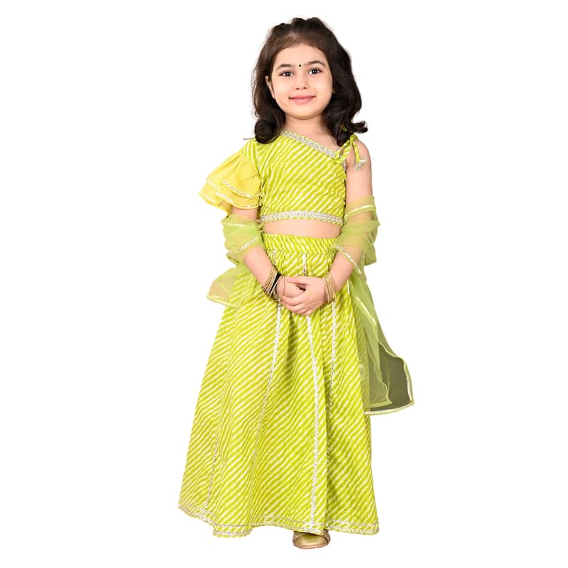 superminis Girls Cotton One Shoulder Lehariya Printed Lehenga Choli and Net Dupatta Set (5-6 Years, Green) | Finish Type: Readymade - Image 1