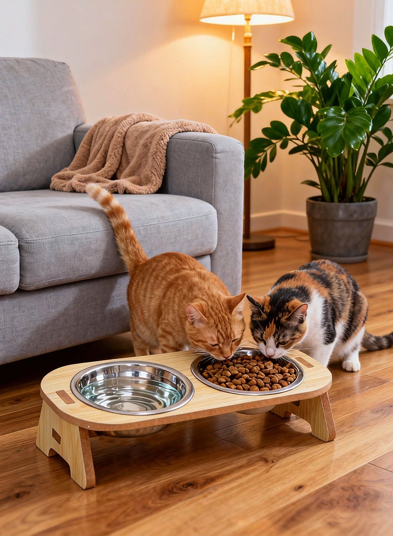 كيدل مزدوجة القط الكلب الأوعية الخيزران القط تغذية الوقوف 15 درجة ميل قابل للتعديل الطبق الغذاء القط مع الوقوف و 2 الفولاذ المقاوم للصدأ أوعية تغذية الحيوانات الأليفة المرتفعة الغذاء وعاء المياه للقطط والكلاب الصغيرة - Image 5