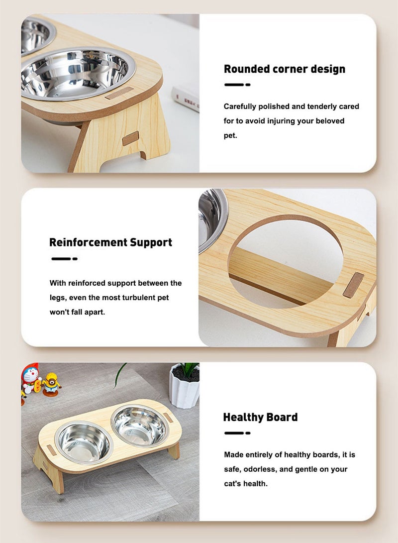 كيدل مزدوجة القط الكلب الأوعية الخيزران القط تغذية الوقوف 15 درجة ميل قابل للتعديل الطبق الغذاء القط مع الوقوف و 2 الفولاذ المقاوم للصدأ أوعية تغذية الحيوانات الأليفة المرتفعة الغذاء وعاء المياه للقطط والكلاب الصغيرة - Image 2