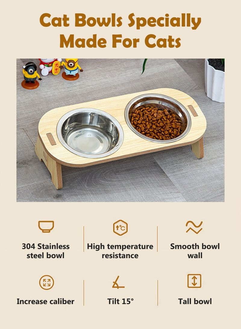 كيدل مزدوجة القط الكلب الأوعية الخيزران القط تغذية الوقوف 15 درجة ميل قابل للتعديل الطبق الغذاء القط مع الوقوف و 2 الفولاذ المقاوم للصدأ أوعية تغذية الحيوانات الأليفة المرتفعة الغذاء وعاء المياه للقطط والكلاب الصغيرة - Image 4