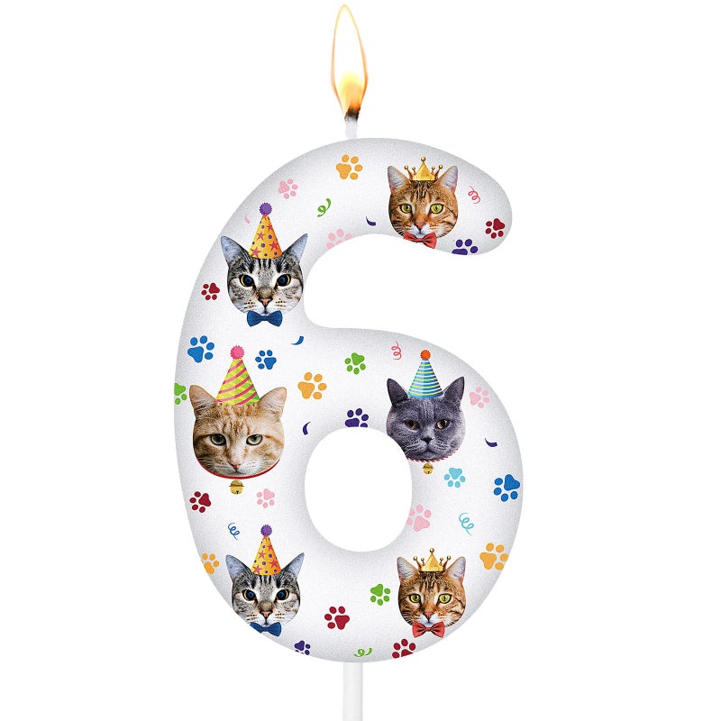 Conelist Cat Birthday Number Candles Cat Paw Print Themed Birthday Candles Paw Print Numeral Cupcake Topper for Cake Kitten Pet Theme Decorations Party Supplies(Number 6) - Image 1